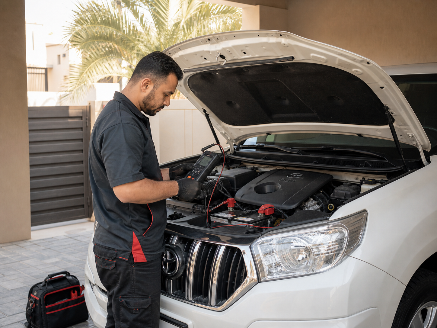 Car battery health test in a carport near Meydan