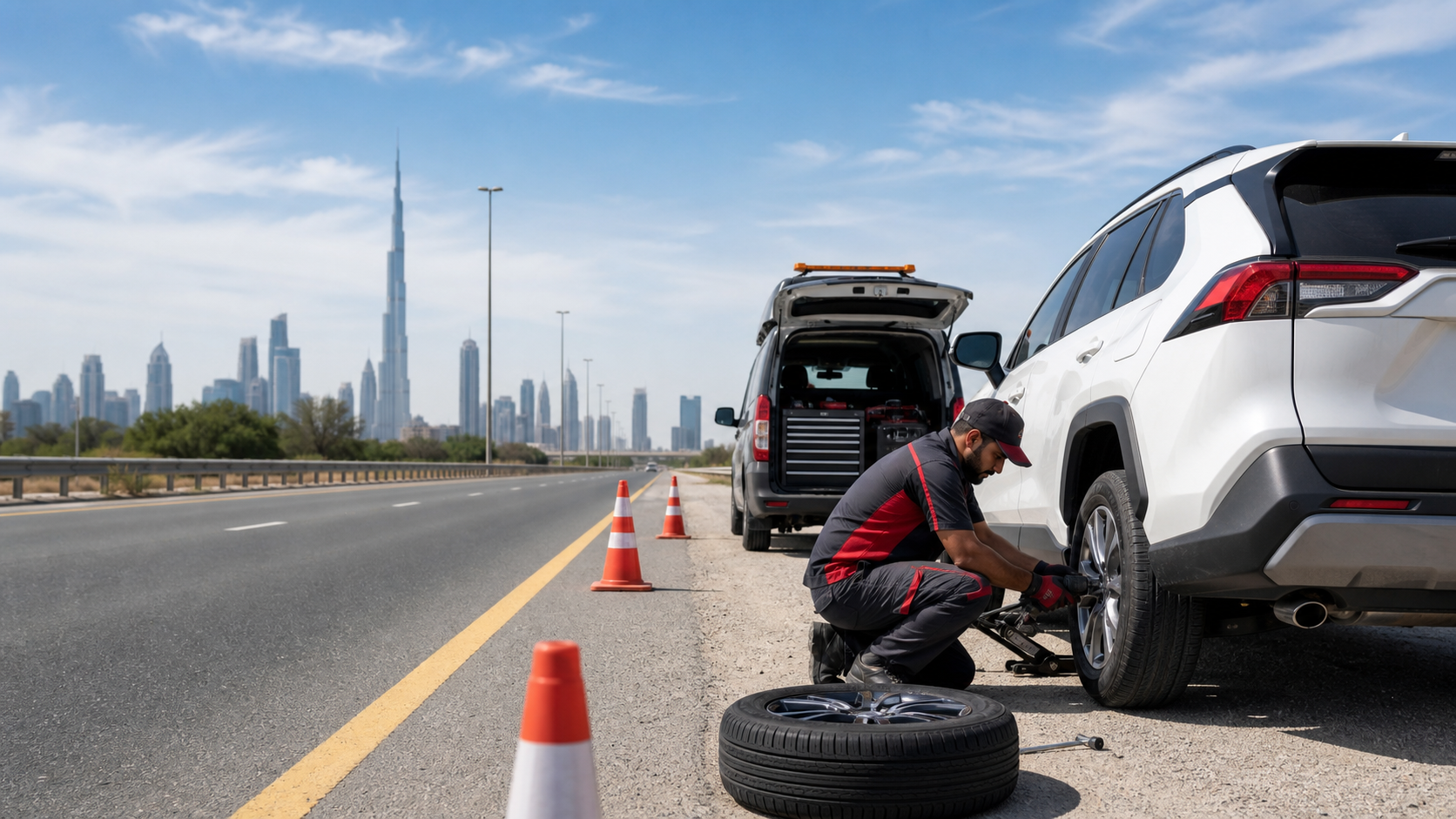 Flat Tyre Fix service in a workshop near Meydan, Dubai
