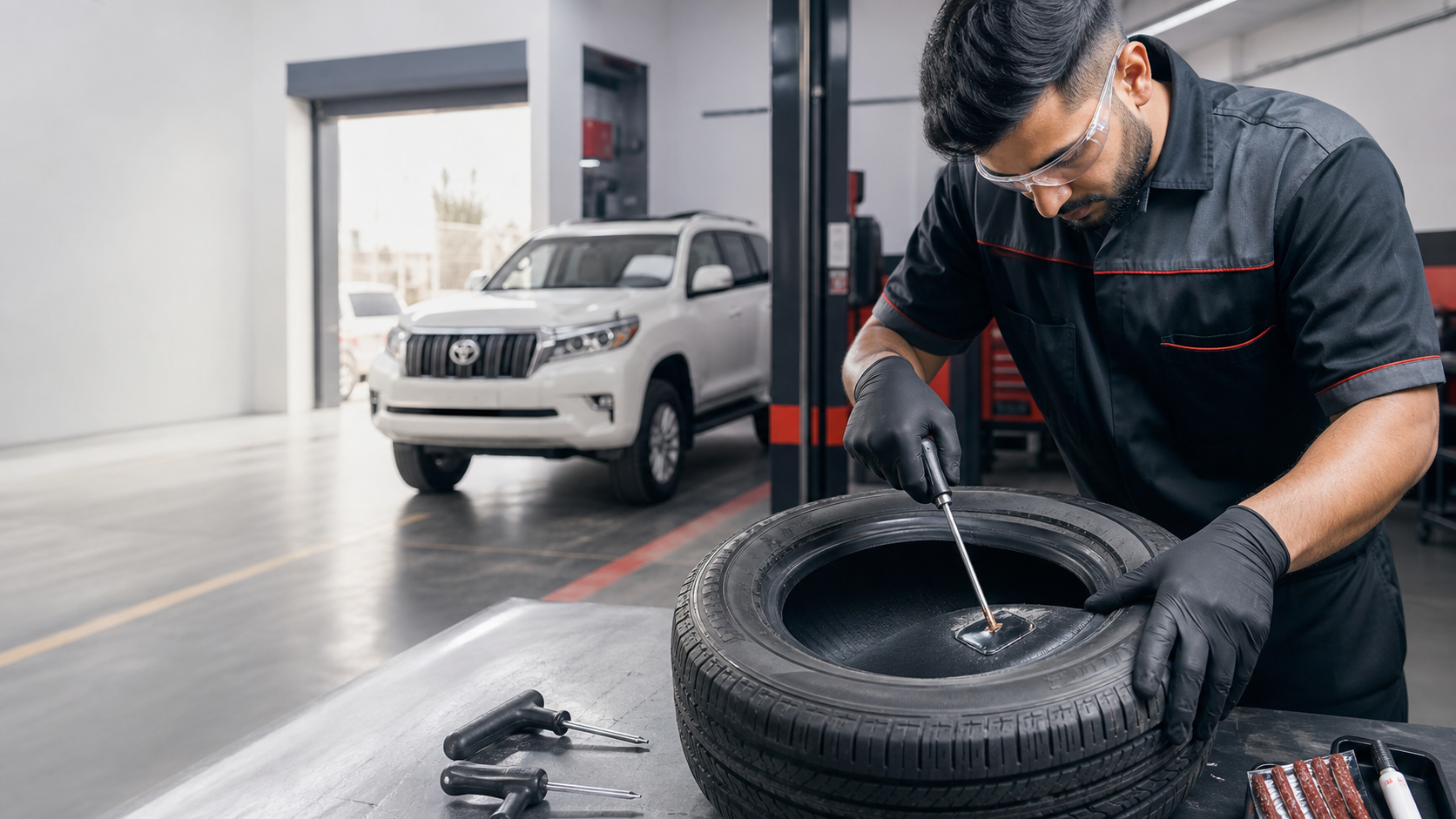 Tyre Puncture and Repair service in a workshop near Meydan, Dubai
