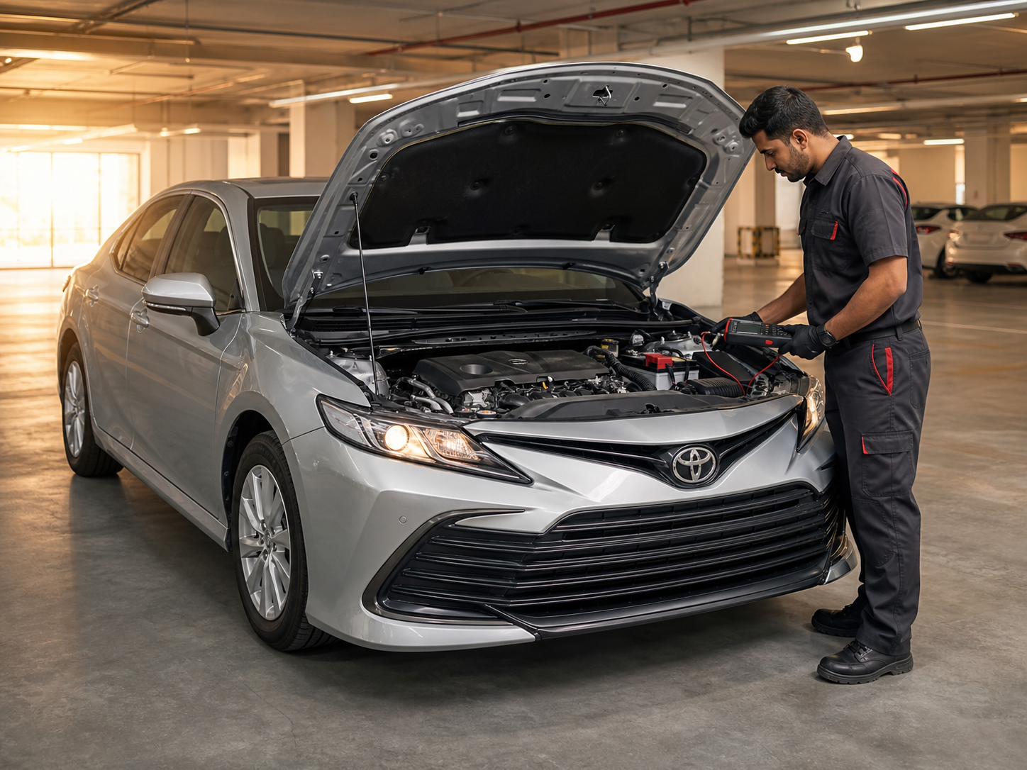 Technician testing a car battery after warning signs appeared