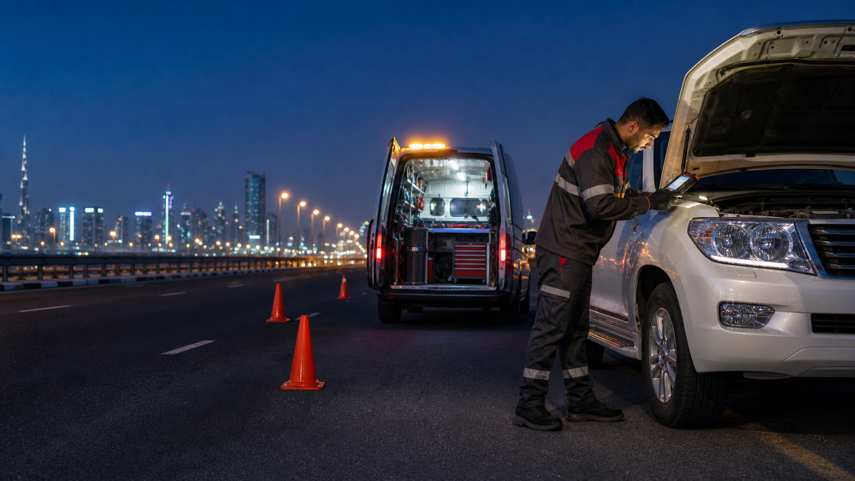 24/7 Car Roadside Assistance service in a workshop near Meydan, Dubai