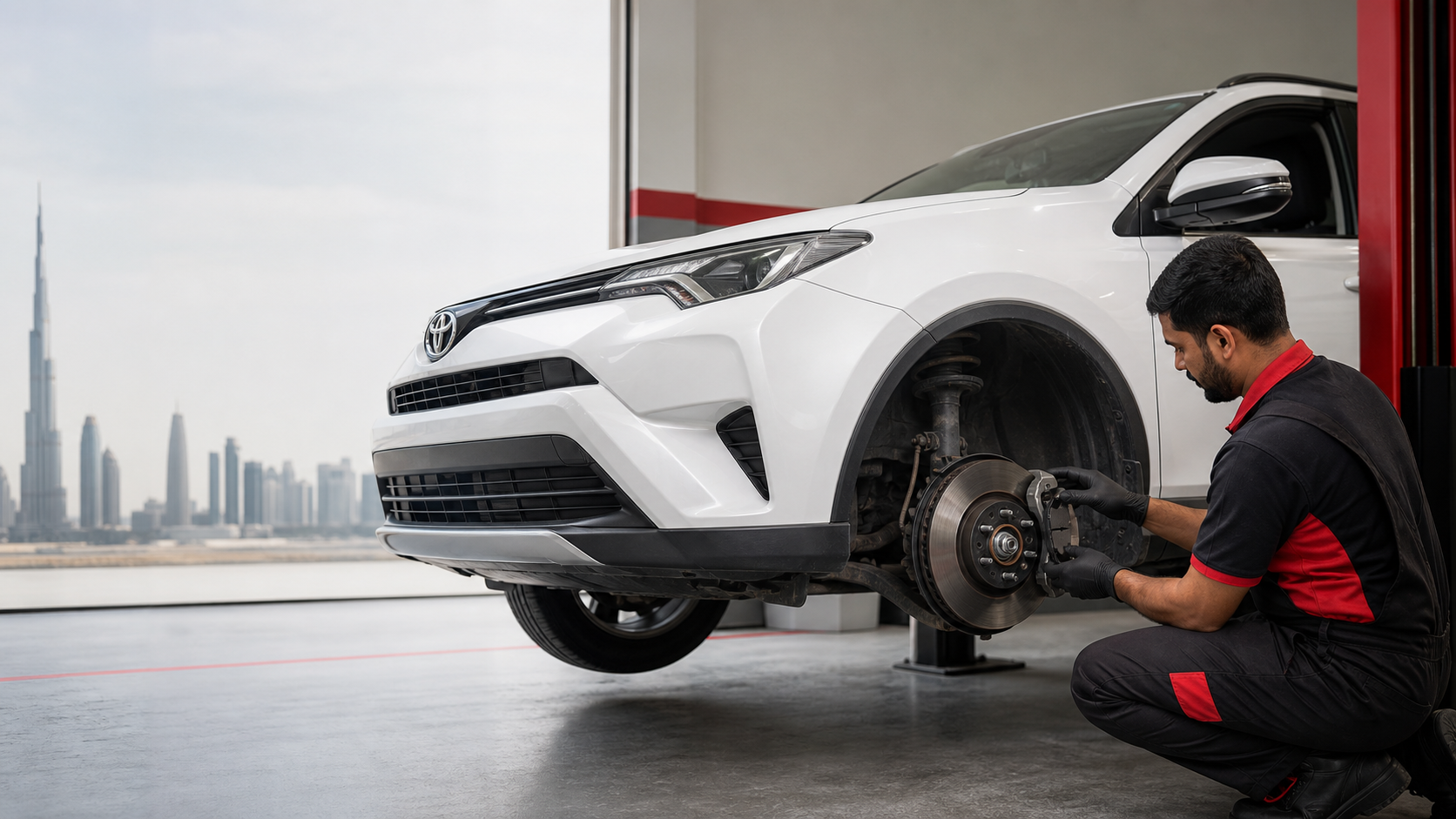 Brake Pad Replacement service in a workshop near Meydan, Dubai