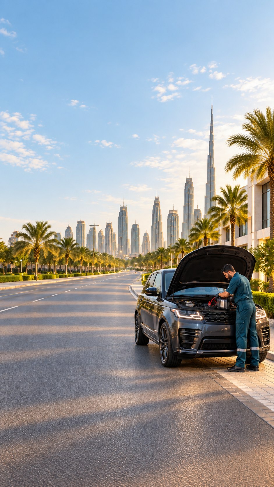 Roadside battery technician assisting a driver in Meydan, Dubai